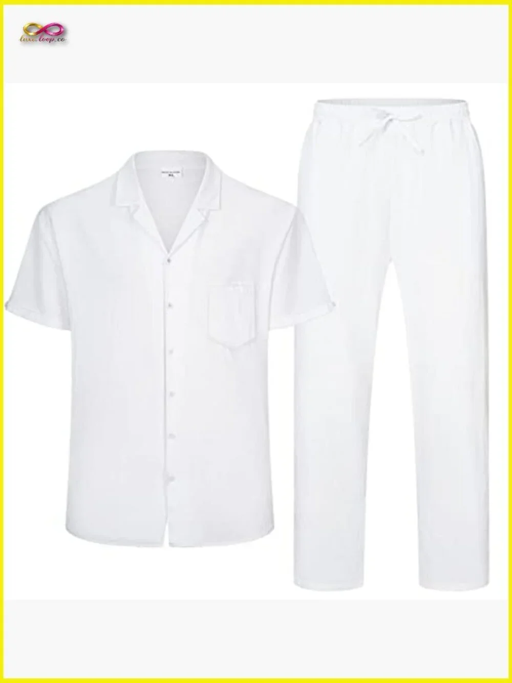 Men's Linen Suit Set Short Sleeve Shirt Yoga Pants Casual Beach Wedding Outfit